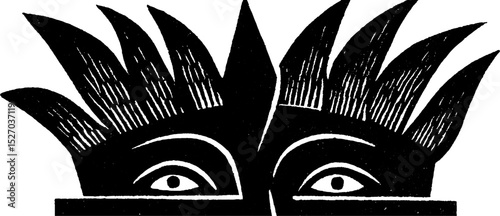 Folk art style illustration with woodcut print texture featuring abstract eyes and hair