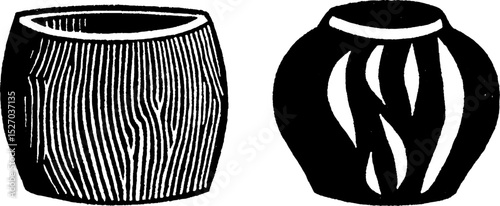 Traditional folk art style woodcut print of decorative vases with texture design