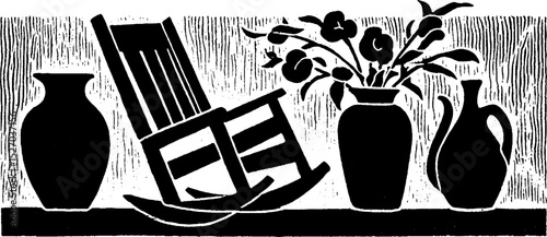 Folk art woodcut print with still life scene and texture