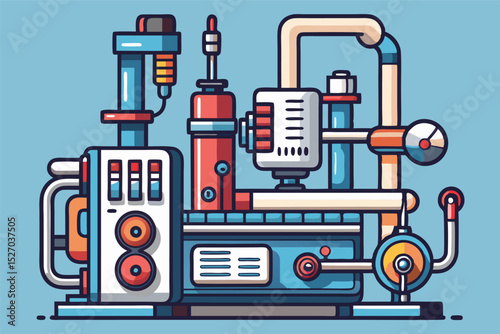 Colorful machine with pipes, tanks, and digital displays in a vector illustration style on a medium slate blue background with intricate details