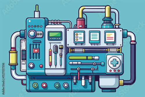 Colorful machine with pipes, tanks, and digital displays in a vector illustration style on a medium slate blue background with intricate details