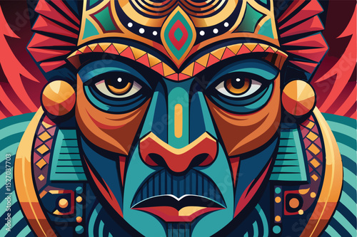 Detailed face of African tribal mask design with colorful vector illustration of Ancient African culture for artistic and symbolic representations