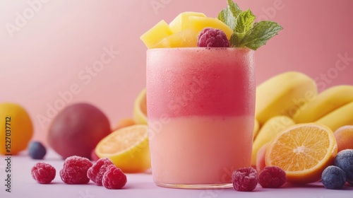 Fresh fruit smoothie poster mockup with assorted fruits on pastel background