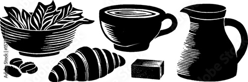 Neo folk art style illustration of cappuccino set with croissant and creamer for cafe decor