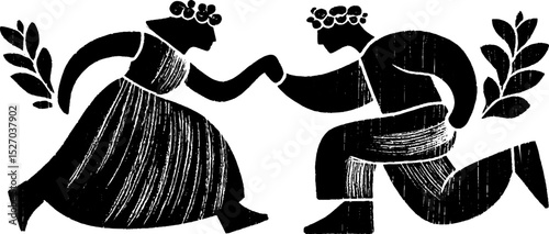 Neo folk art style illustration featuring dancing couple with floral motifs