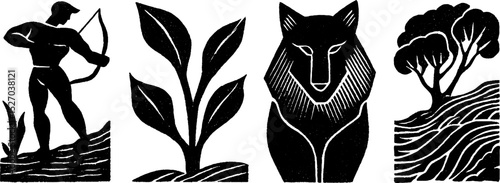 Neo folk art illustration set featuring heroic hunter and wolf in nature
