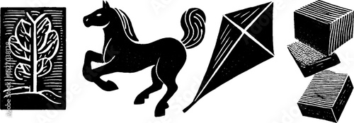 Neo folk art style illustrations featuring hobby horse, tree, kite, and cubes