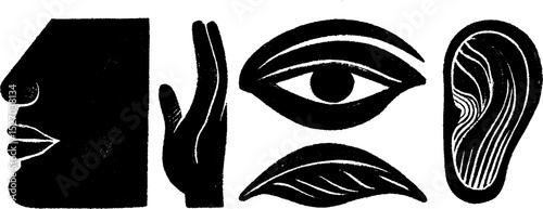 Neo folk art style illustration featuring human facial elements and indices