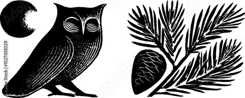 Neo folk art style illustration of owl and pine branch in monochrome design
