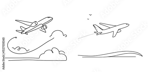Line drawing collage of transportation featuring airplanes in flight  