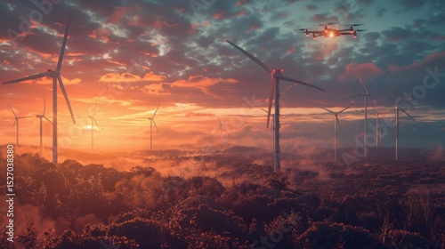 futuristic wind turbine farm with smart maintenance drones