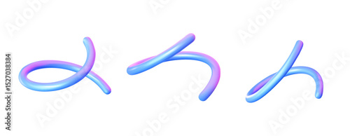 Three 3D holographic curved elements on white background. Abstract set for web design, UI and digital decoration. Vector illustration.