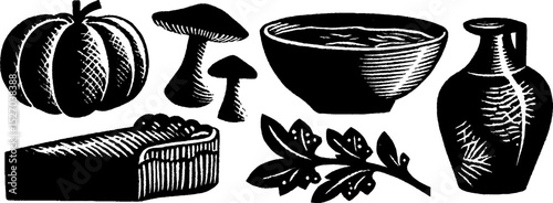 Neo folk art style illustrations featuring pumpkin, mushrooms, pottery, and autumn harvest elements