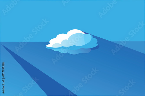 One fluffy white cloud hovers against a solid blue backdrop, casting a long shadow on a sunny day, rendered in a flat, minimalist vector style