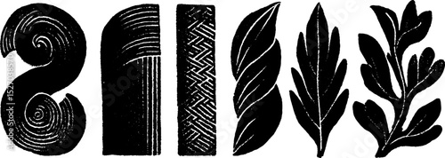 Neo folk art spiral and leaf motif illustration set for decoration design