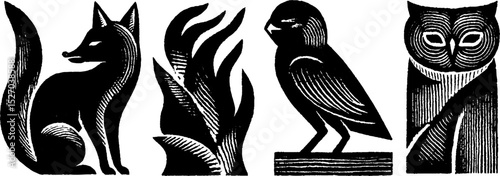 Neo folk art style illustrations of spirit animals featuring fox owl and bird