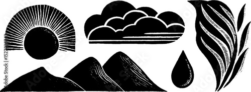 Neo folk art style set featuring sun, moon, clouds, and nature elements for creative design