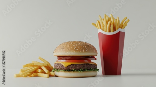 Minimal burger menu poster mockup with fries and sauce cup on white background