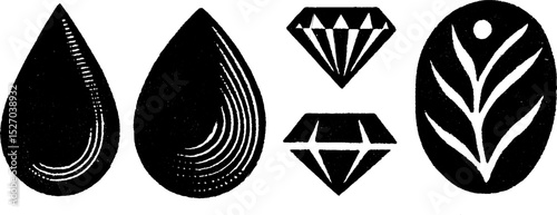 Neo folk art style black and white teardrop and geometric shapes illustration set