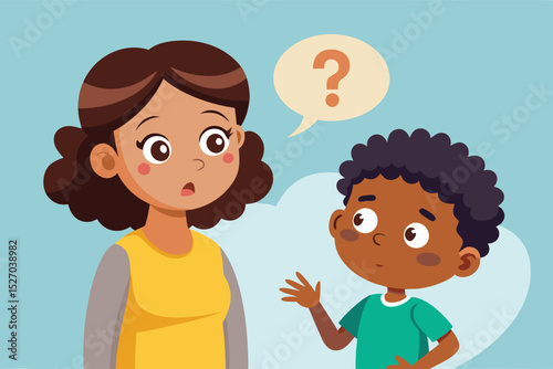 Woman explains with question in speech bubble as little boy listens with a curious expression, mother or teacher helps child learn