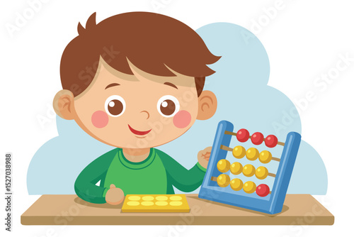 Boy learning math with abacus vector illustration for early childhood education, simple design for teaching numbers, colors, and counting skills to preschool children