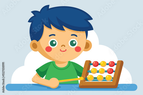Boy learning math with abacus vector illustration for early childhood education, simple design for teaching numbers, colors, and counting skills to preschool children