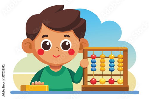 Boy learning math with abacus vector illustration for early childhood education, simple design for teaching numbers, colors, and counting skills to preschool children