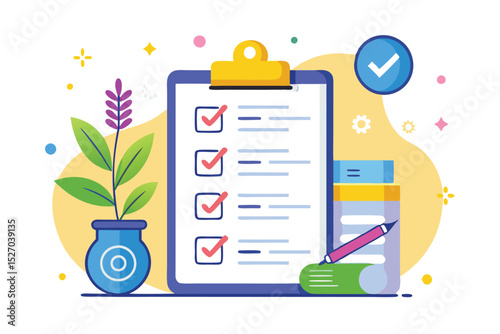 Man Completes Checklist Tasks at Desk with Coffee, Gear, Paper Airplane, Checkmarks, Planning and Finishing Project Goals on Clipboard