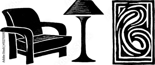 Neo folk art style with woodcut print elements: armchair, lamp, and decorative panel