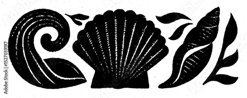 Neo folk art style woodcut print with seashell and nature motifs