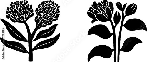 Neo folk art style woodcut illustration of floral design for print and craft