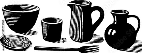 Neo folk art woodcut illustration of kitchen utensils in black and white