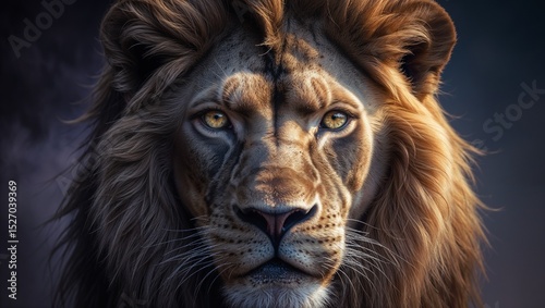 Close-up portrait of a lion's face, with intense gaze and a dark background.	
