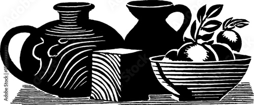 Neo folk art style woodcut print featuring still life with pottery and fruits