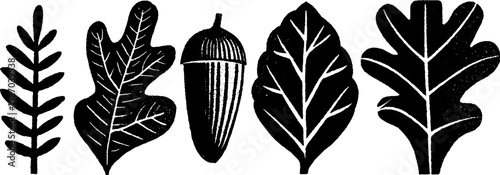 Neo folk art style woodcut print featuring leaves and acorn design for artistic prints