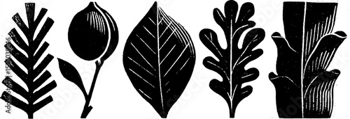 Neo folk art botanical design featuring woodcut style leaves and plants