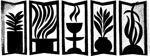 Neo folk art woodcut print with plant and nature motifs for decorative design
