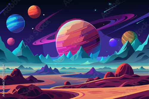 Moonlit desert landscape with a UFO under a starry night sky