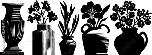 Neo folk art floral vases woodcut print design for artistic decoration