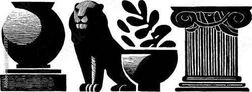 Neo folk art interpretation of classical sculpture and architectural elements in woodcut style