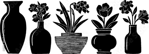 Neo folk art woodcut style floral illustration in vases for artistic decor
