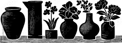 Neo folk art woodcut print of assorted vases and flowers in black and white design