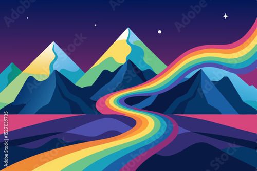 Abstract vector illustration of a colorful rainbow wave pattern with mountain background for modern design concepts