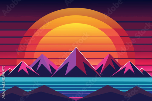 Vector illustration of a mountain landscape with a rainbow, sun, and pyramid, an iconic design for nature travel