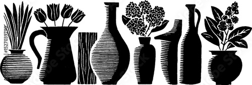 Neo folk art decorative woodcut print with floral motifs for wall art or craft design