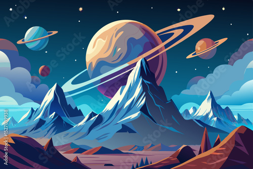 Christmas winter night landscape with a house, vector illustration of a starry sky and snow