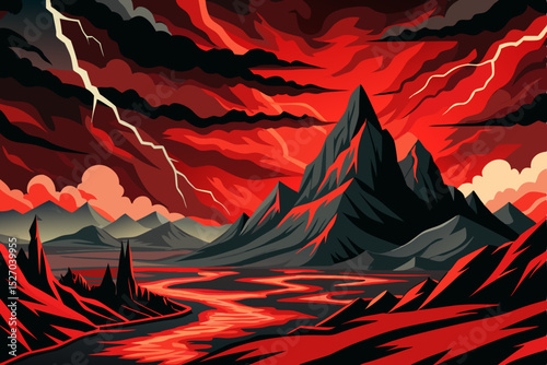 Vector forest landscape design with red floral grunge silhouette and flame art decoration