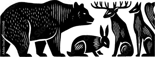 Neo folk art wildlife scene in woodcut print style