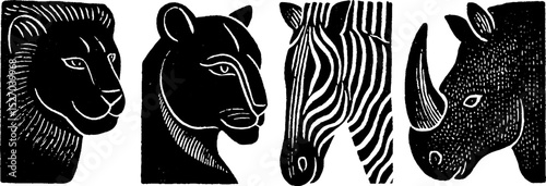 Neo folk art style woodcut print of african wildlife animals for artistic decor