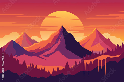 Mountain landscape with stunning sunset and sunrise skies, vector illustration of nature's rocky peaks and snow-capped ranges